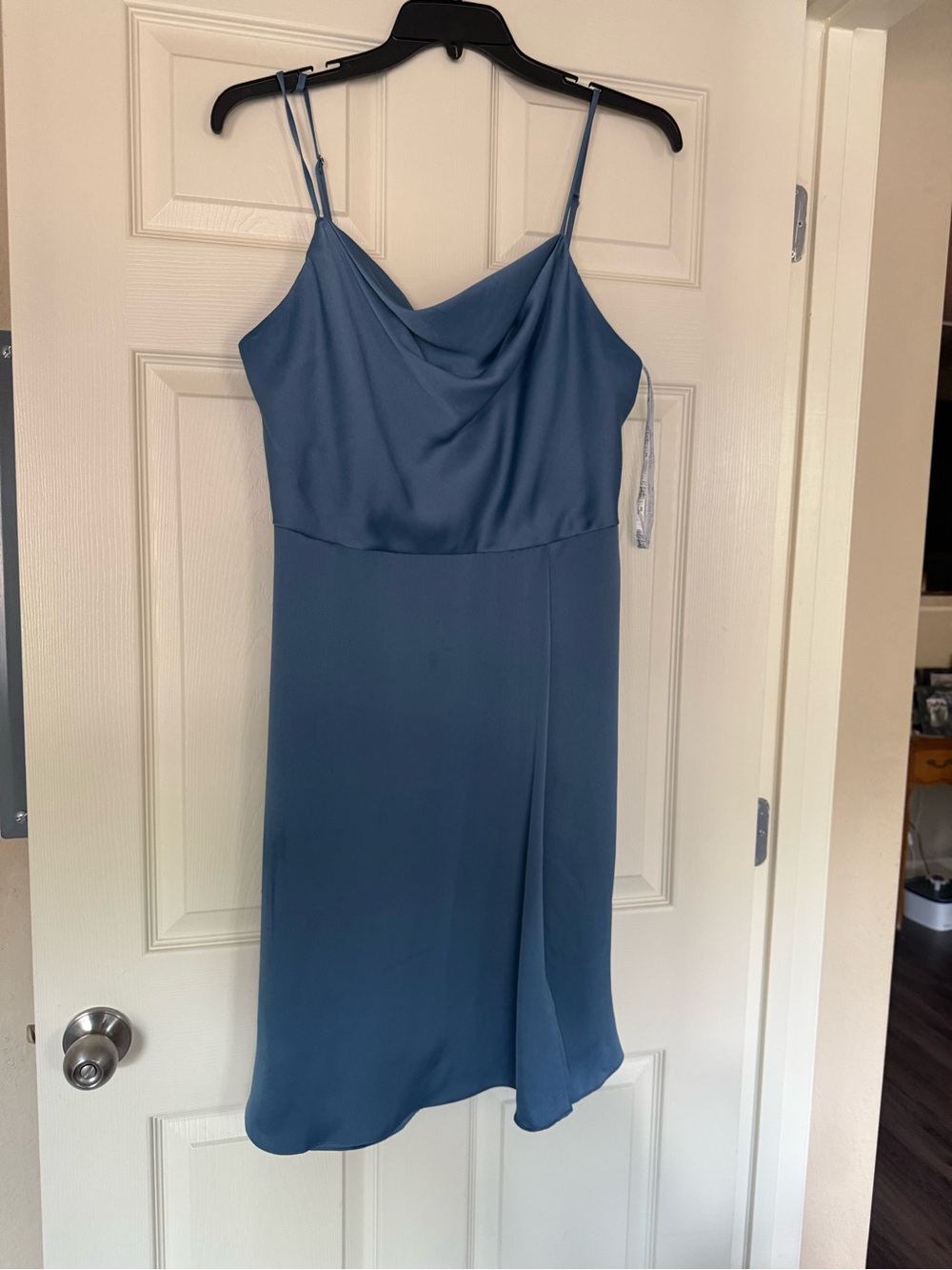 David's Bridal Slate Blue Cowl Neck Midi Dress